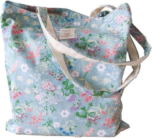 Cotton Canvas Tote Bag Reusable Soft Grocery Cloth Bag Floral Shoulder Bag for Beach Travel Shopping