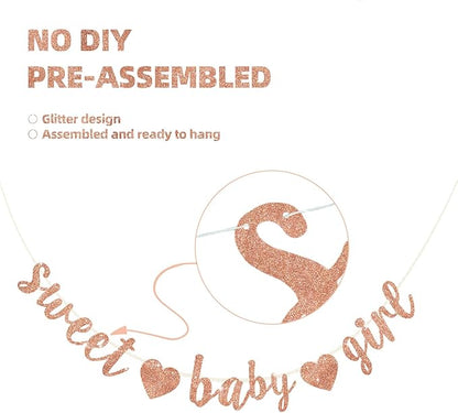 BEISHIDA Rose Gold Glitter Girl Baby Banner,NO DIY, Pre-Strung Baby Gender Party Banner For Girls, Girl Baby Shower Decorations,First Birthday Sweet party supplies