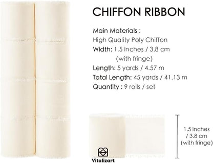 Vitalizart 9 Rolls 1.5" x 45 Yd Cream White Handmade Chiffon Silk Ribbon Fringe Frayed Edges Ribbons for Wedding Invitations Bridal Bouquets Gifts Wrapping Crafts Holiday Decor