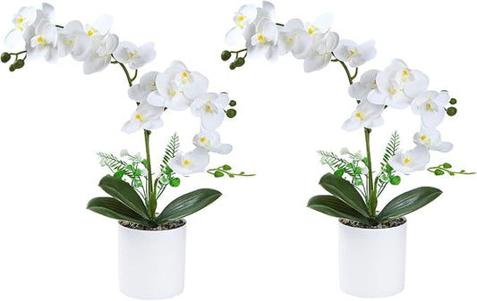 2 Pcs White Fake Orchids Orchid Orchidwith Pot Bendable Shape Washable Orchid Phalaenopsis for Decorate Office Desktop Decoration Bathroom Wedding Dining Table Office Decorations