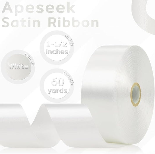 60 Yards White Satin Ribbon 1-1/2 Inch, Solid Polyester Fabric Ribbon for Gift Wrapping, Crafts, Flower Bouquet, Wedding, Baby Shower, Festival, Christmas, Halloween