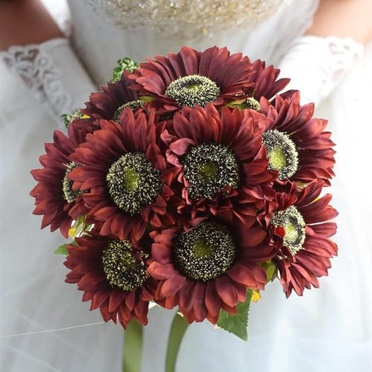 Red Artificial Sunflower Flowers 8 Pcs Single Long Stem Silk Fake Sunflowers Bridal Wedding Bouquet Fake Yellow Flower Arrangements for Outdoor