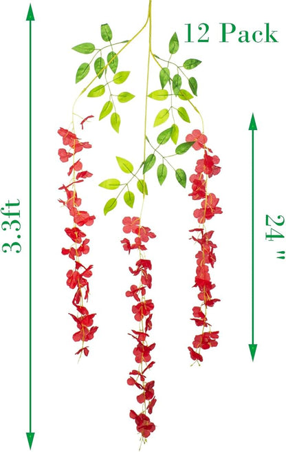 12 Pack Artificial Flowers Silk Wisteria Vine Ratta Hanging Flower (Red)