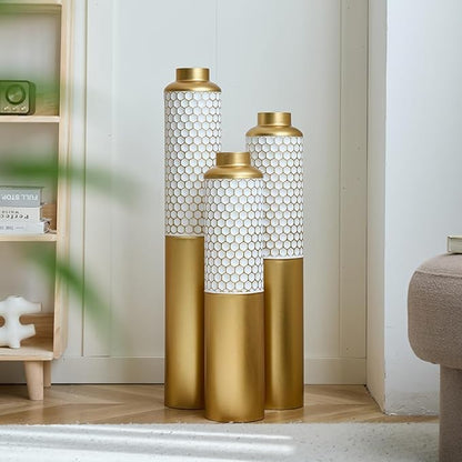 Floor Oversized Gold Metal Decorative Vase with 3D Triangle Pattern Set of 3 Large Vases for Home Living Room 33.5 ", 29.5 ", 25.2" High (Gold+White)