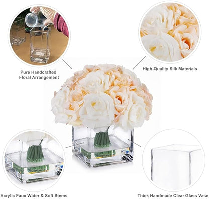 ENOVA FLORAL 18 Pieces Rose Artificial Flowers in Vase, Fake Flowers in Vase with Faux Water for Wedding, Dining Table(Cream Beige)