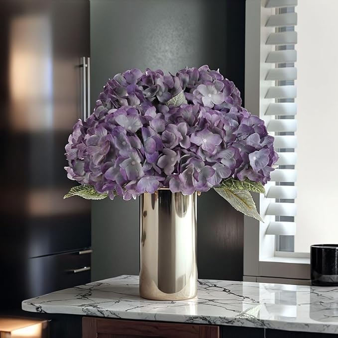 2Bouquets Artificial Fake Flowers Plants Silk Hydrangea Arrangements Wedding Bouquets Decorations Plastic Floral Home Kitchen Garden Party Festival Bar DIY (Grey Purple)