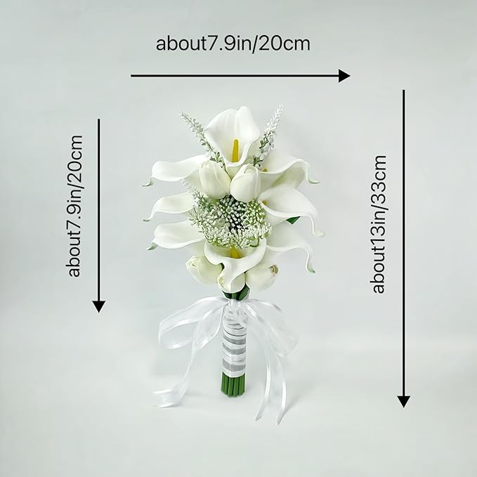 Floral Bouquet 10 Artificial Calla Lilies with 8 Artificial Tulip Flowers, Bridesmaid Bouquet with Wedding Ceremony Festivals Anniversary Bridal Rehearsal Party Bar Table Decor (White)