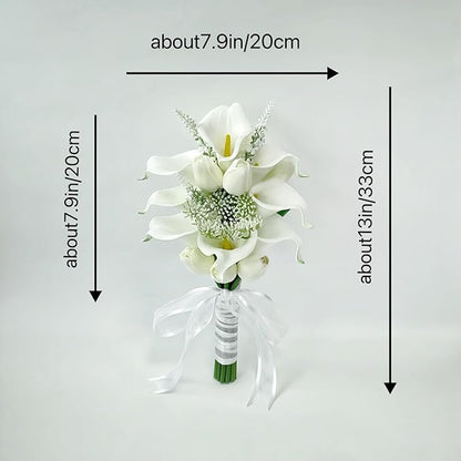 Floral Bouquet 10 Artificial Calla Lilies with 8 Artificial Tulip Flowers, Bridesmaid Bouquet with Wedding Ceremony Festivals Anniversary Bridal Rehearsal Party Bar Table Decor (White)