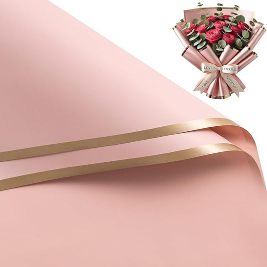 WRAPAHOLIC 20 Sheets Flower Wrapping Paper - 22.4 x 22.4 inch Dusty Pink with Gold Edge Water-Resistant Floral Bouquet Wrapping Paper, Florist Supplies Packaging Paper for Wedding Birthday Gift DIY