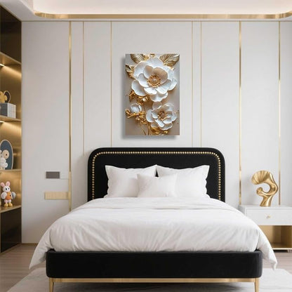 ZSHARTSWD Abstract White & Gold Floral Canvas Wall Art Elegant Flowers Pictures Prints White Flower Golden Leaves Painting Living Room Bathroom Decor Framed (Gold, 42L x 28W)