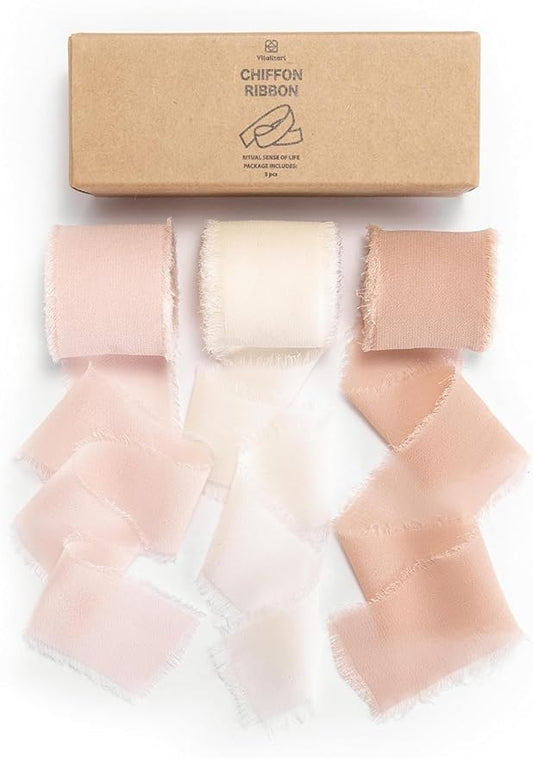 Vitalizart Pink Handmade Chiffon Silk Ribbon Fringe 1.5" x 21 Yd Blush Pink & White Frayed Edges Ribbons for Wedding Invitations Bridal Bouquets Gifts Wrapping Crafts Holiday Party Decorations