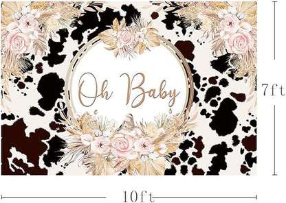 10x7ft Boho Holy Cow Baby Shower Backdrop Oh Baby Black and White Cow Print Bohemia Pink Floral Pampas Grass Photography Background Farm Theme Party Decoration Banner Supplies Photo Studio Prop