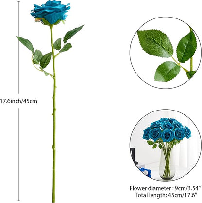 Teal Artificial Rose 10pcs Open Flower Bouquet Faux Rose Stems Turquoise Blue Roses for Wedding Arrangement, Bridal Bouquet, Centerpiece, Fake Faux Silk Flowers