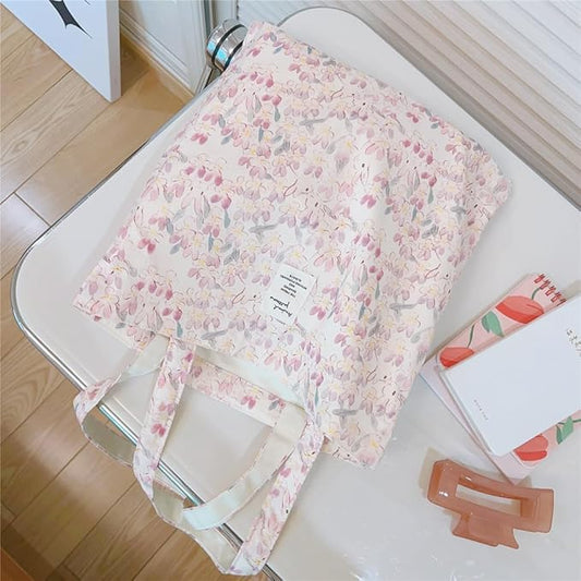 Cotton Canvas Tote Bag Reusable Soft Grocery Cloth Bag Floral Shoulder Bag for Beach Travel Shopping