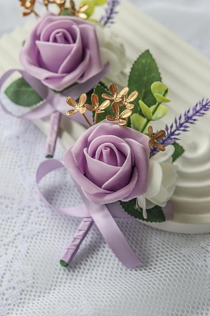 6PCS Purple Lavender Boutonniere for Men, Lilac Boutonniere Pins for Men Groomsmen Guest Boutonniere, Artificial Flowers for Wedding Decor Prom Homecoming