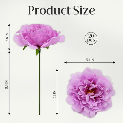 20pcs 5" Artificial Flower Peonies, Silk Peonies with 6" Stems, Flowers Suitable for Wedding Bouquets, Home Party Decoration (Light Purple)