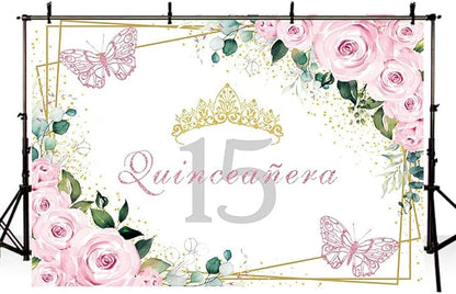Sendy 7x5ft Quinceañera Backdrop Mis Quince 15 Anos Birthday Party Decorations Supplies for Girl Princess Pink Floral Butterfly Gold Crown Photography Background Banner Photo Booth Studio Props