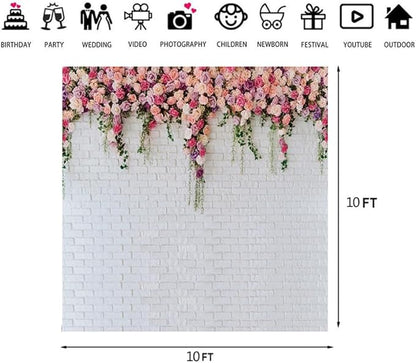 LTLYH 8x8ft White Brick Wall Flowers Background Spring Theme Photography Backdrop for Mother's Day Valentine Wedding Bridal Baby Shower Birthday Party Decor Banner Portrait Photo Booth Prop 134………
