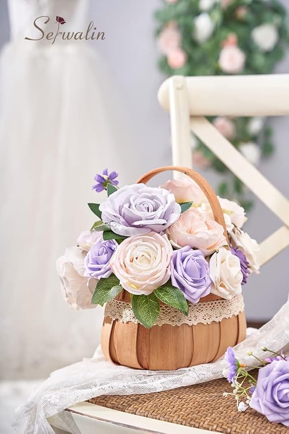 Serwalin 2Pcs Artificial Flowers Fake Silk Flowers Combo Realistic Mixed Roses Box for DIY Wedding Bridal Bouquets Centerpieces Arrangements Faux Flowers with Stems Home Decor, Pink&Lilac