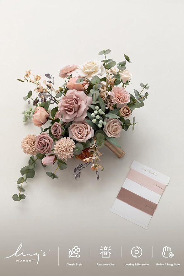 Ling's moment Dusty Rose Wedding Bouquets for Bride, Pink Bridal Bouquets for Bride, 13 Inch Free Form Artificial Wedding Flower Bouquet