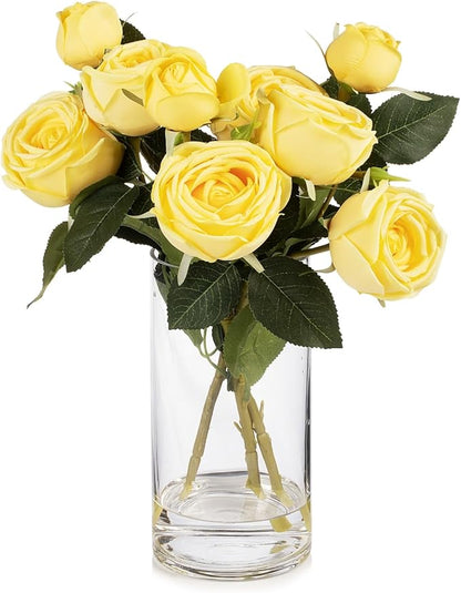 ENOVA FLORAL 9 Heads Silk Rose Artificial Flowers in Vase,Faux Rose Flowers Arrangement in Vase with Faux Water for Table Decor Centerpieces (Yellow)