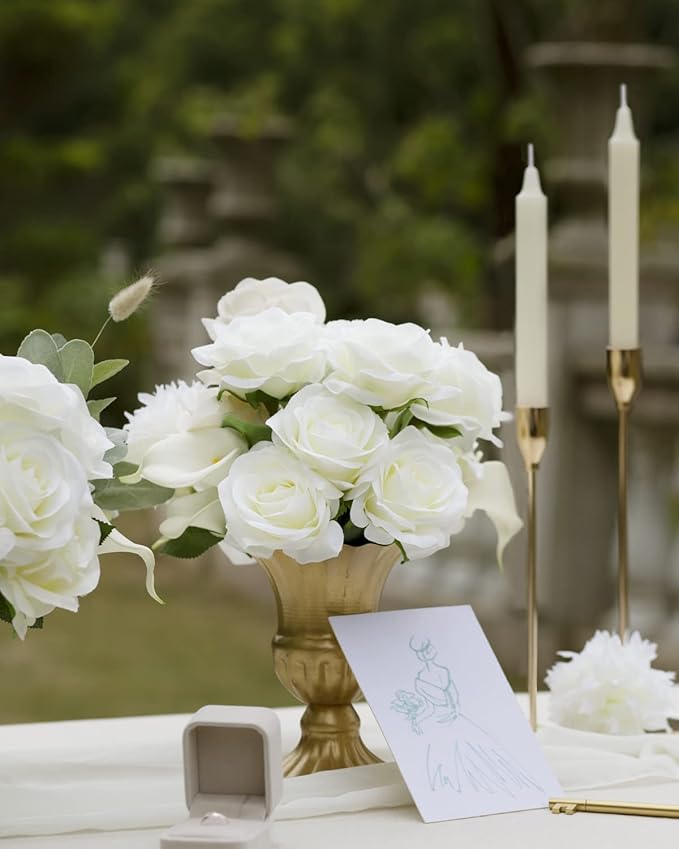 LFF 10pcs Silk Roses Artificial Flowers Fake Long Stem Roses for DIY Wedding Bouquet Home Decoration (Ivory)