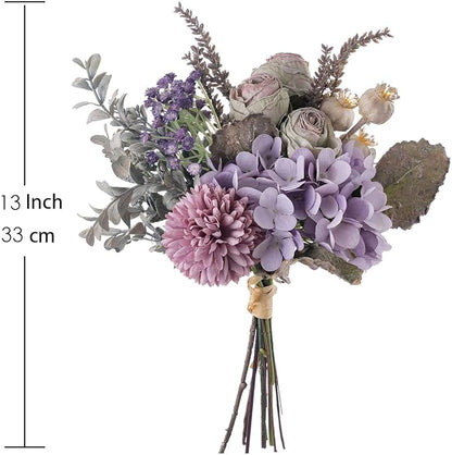 13-inch Small Artificial Fake Flowers for Table Arrangements, Silk Faux Bouquets with Three Roasted Edge Roses, Hydrangeas, Globeflower, babysbreaths, Ideal for The Kitchen or Bedroom.
