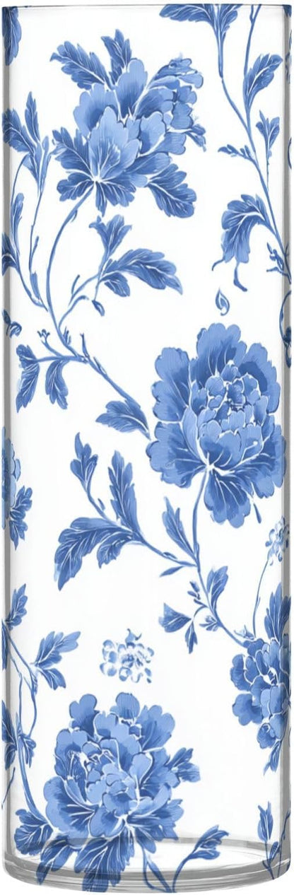Flower Vase Clear Plastic Cylinder Vases Decor for Centerpieces Home Storage Office Weddings Flowers Blue and White Pattern 11.8 x 3.9 in