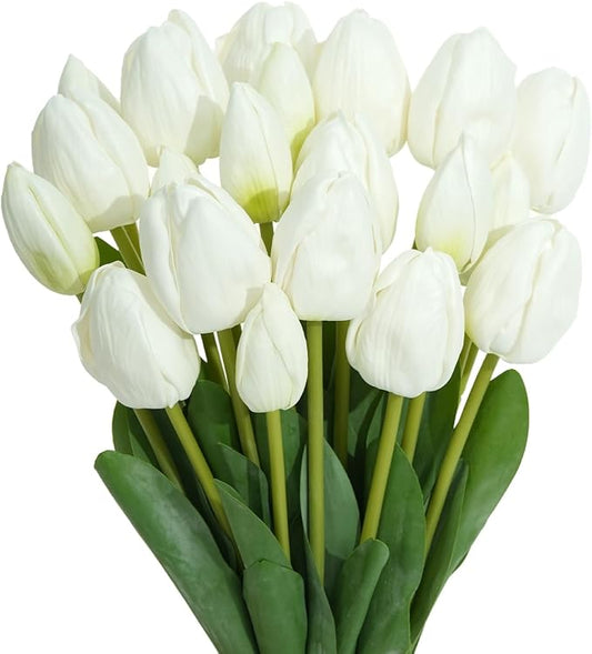 Real Touch Artificial Tulips, 20pcs Fake Tulip Flowers Stem, PU Faux Tulips 19.7” for Mother's Day, Home Decor, Wedding, Easter Valentine's Gift, Table Centerpiece, Floral Arrangements, White