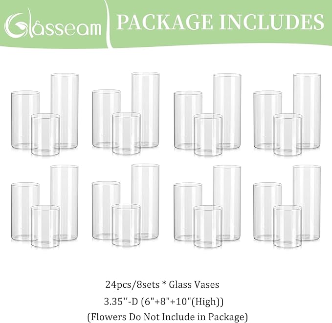 Glasseam Clear Cylinder Vases Set, 24Pcs Glass Vases for Centerpieces Bulk, Modern Floating Candle Holder for Decor, Hurricane Candle Holders for Wedding Table Decor (5.5"/7.5"/9.5")