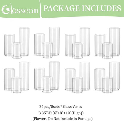 Glasseam Clear Cylinder Vases Set, 24Pcs Glass Vases for Centerpieces Bulk, Modern Floating Candle Holder for Decor, Hurricane Candle Holders for Wedding Table Decor (5.5"/7.5"/9.5")
