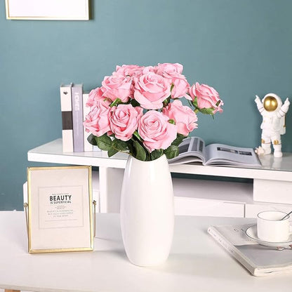 Kisflower 12 Pcs Pink Roses Artificial Flowers with Stems Silk Roses Fake Rose Realistic Flower Bouquet for Wedding Party Office Home Decor (Pink)