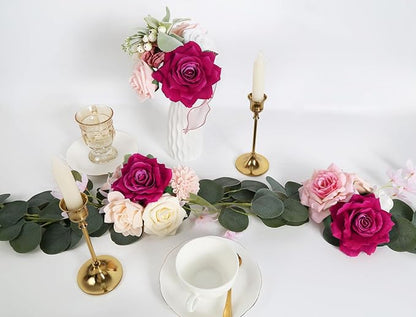 Hot Pink Roses 16pcs Artificial Velvet Roses Head Bulk Silk Flowers 4.3" Hot Pink Artificial Roses with Stems for Wedding Flowers for Centerpieces Home Party Decor (Hot Pink)