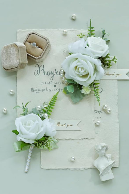 White Green Corsage and Boutonniere Set, Prom Wedding Homecoming Wrist Corsage Wristlet and Boutonniere Set for Grooms Groomsmen Guest Bridal Bridesmaid Artificial Flower Suit Decoration