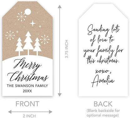 Andaz Press Personalized Christmas Holiday Season Classic Gift Tags, Merry Christmas Custom Family Name and Year, Kraft Brown Minimal Christmas Tree Design, Holiday Events, Parties, Favors, 60-Pack