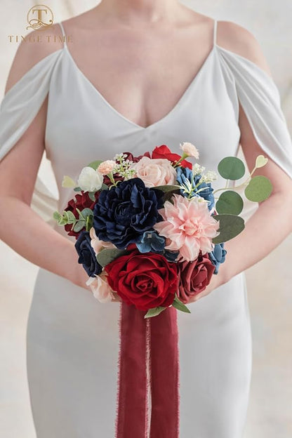 TINGE TIME Artificial Flowers Combo Mix Silk Flowers Pink Roses w/stem for DIY Wedding Bridal Bouquets Baby Shower Floral Arrangement Table Centerpieces Home Decorations (Red & Navy Blue & Pink)