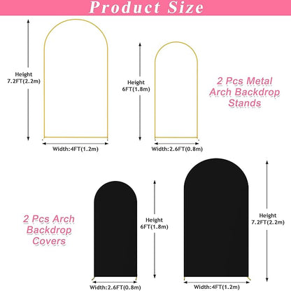 Putros Metal Arch Stand with Cover Set of 2 Black Spandex Fitted Wedding Arch Cover and Round Top Chiara Backdrop Stand for Birthday Party Baby Shower Decoration 7.2FT, 6FT