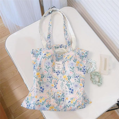 Cotton Canvas Tote Bag Reusable Soft Grocery Cloth Bag Floral Shoulder Bag for Beach Travel Shopping
