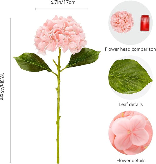 Large Hydrangea Artificial Flowers 19.3", 6 Pcs Latex Real Touch Faux Hydrangea with Stems, Fake Flowers for Table Centerpieces Arrangements Wedding Bouquets (Pink)