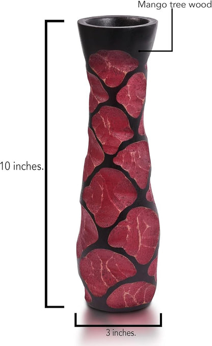 Beautifully Carved 10-Inch Red & Black Mango Tree Wood Vase | Handcrafted Decorative Wooden Flower Vase | Elegant Home Decor Accent