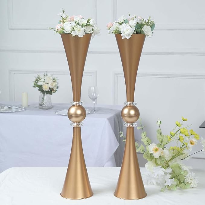 Efavormart 2 Pack | 27" Gold Crystal Embellishment Trumpet Table Centerpiece, Reversible Plastic Flower Vase