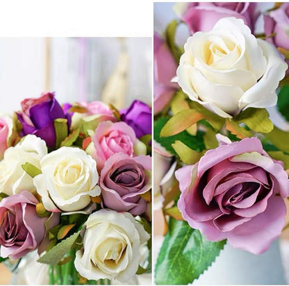 Jasion Artificial Roses Flowers 12 Heads Arrangement Silk Bouquet for Home Office Parties Bridal and Wedding Decoration Without Vase (Purple)