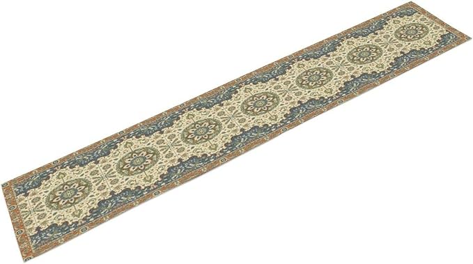 Boho Bohemian Table Tunner, Vintage Neutral Traditional Mandala Floral Blue Beige Medallion Table Runner for Kitchen Dining Outdoor Indoor Home Decor, 13x70 Inch