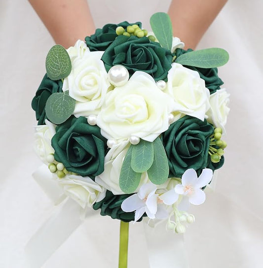 Lightweight Bridal Wedding Bouquet Round Holding Bouquet Throw Toss Artificial Rose Flower Bunch for Bride Bridesmaid Wedding Quinceanera (Cream & Dark Green, 7.9")