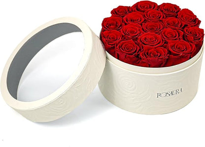 Rosaura Round Preserved Roses Gift Box - Real Forever Flowers for Birthday, Valentine's & Mother's Day (red, 17 Roses)