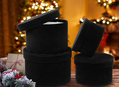 GnFlus Black Gift Boxes with Lids for Presents Set of 4 Round Velvet Nesting Gifts Box for Arrangements Flowers Wedding Birthday Mothers Valentines Day Bridesmaid Christmas Party Anniversary