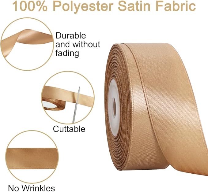 TONIFUL Champaign Gold Satin Ribbon 1 Inch X 25yds Solid Silk Ribbons for Gift Wrapping, Craft, Floral Bouquets, Valentine's Day Christmas Gift Wrapping, Party Wedding Decoration