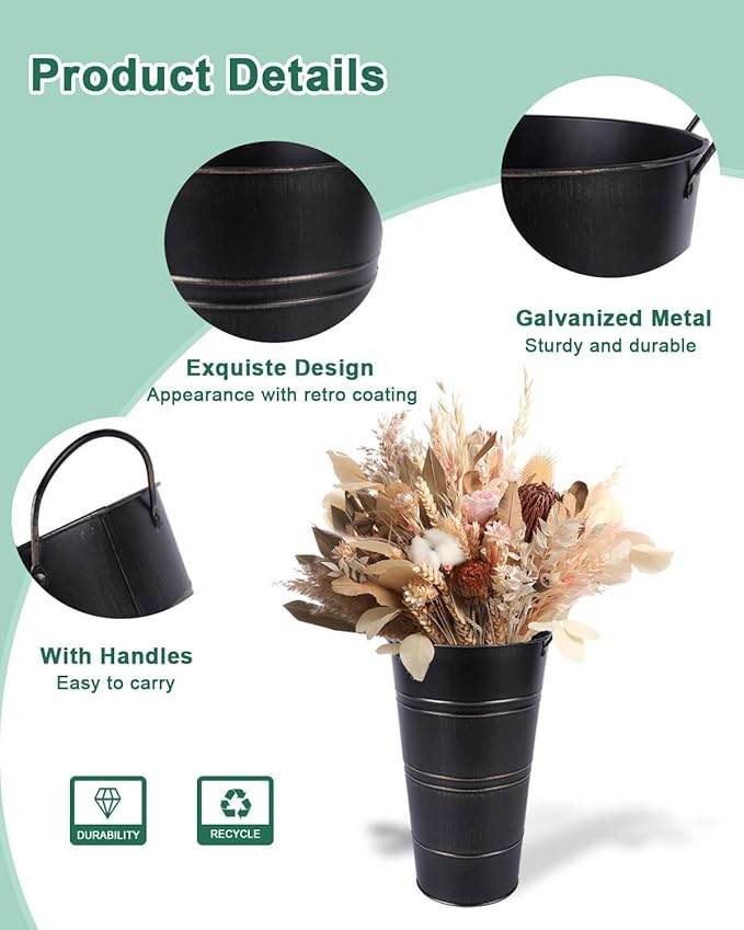 12 Inch Galvanized Metal Vases for Flowers - 2 Pcs Farmhouse Decorative Tall Flower Bucket with Handles, Rustic French Tin Planter Buckets for Wedding Decor (Black)