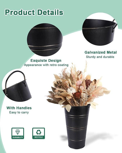 12 Inch Galvanized Metal Vases for Flowers - 6 Pcs Farmhouse Decorative Tall Flower Bucket with Handles, Rustic French Tin Planter Buckets for Wedding Decor (Black)