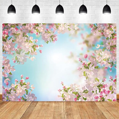 Renaiss 8x6ft Pink Floral Backdrop Romantic Cherry Blossom Blue Sky Sunshine Nature Scenery Polyester Photography Background for Wedding Kids Baby Birthday Party Decor Photo Props